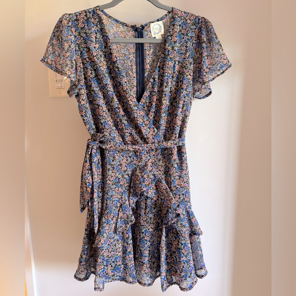 Blue Rain Francesca’s Blue & Pink Floral Flutter Sleeve Tiered Ruffle Mini Dress